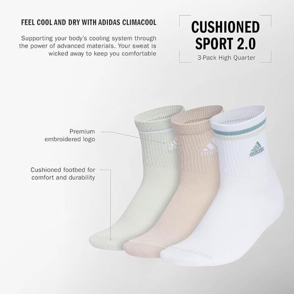 NEW adidas Women's Cushioned Sport High Quarter Socks (3-Pair) Crew Socks - GrBW - Picture 2 of 4